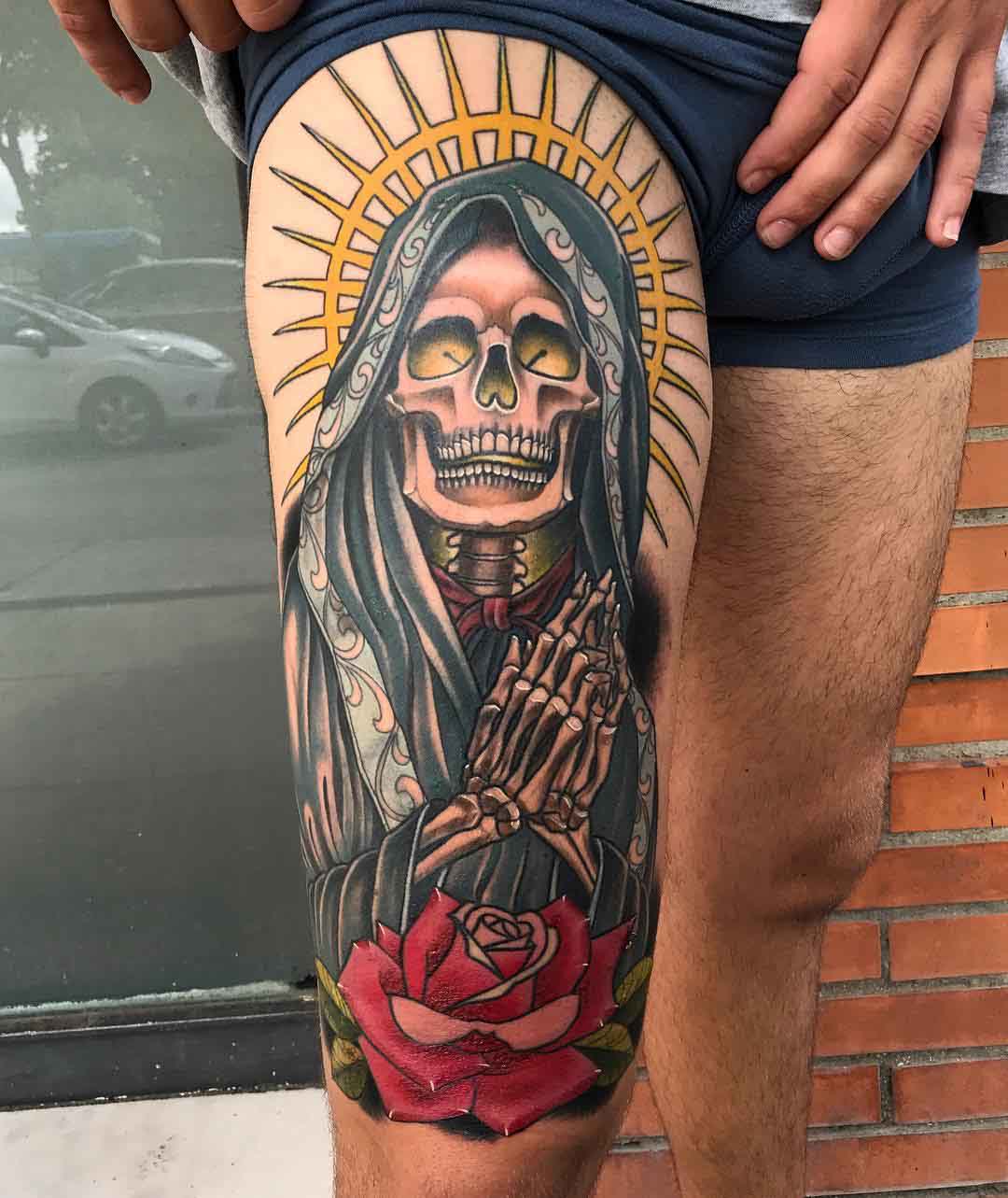 thigh tattoo Santa Muerte